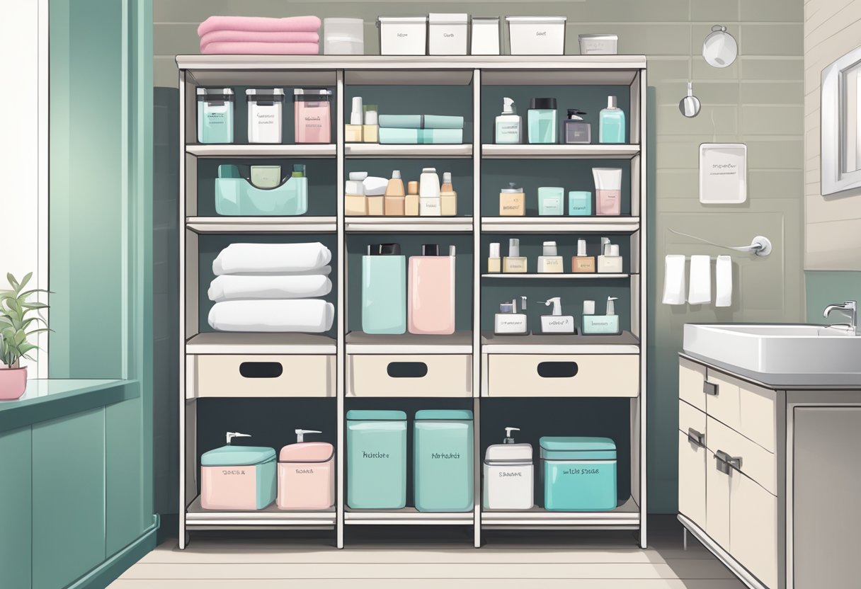 A neat and tidy bathroom with labeled storage bins for toiletries, towels neatly folded on shelves, and a hanging organizer for hair tools
