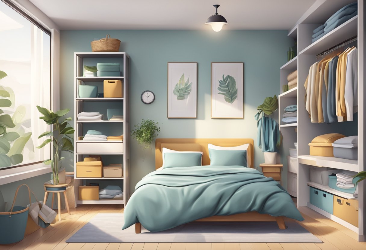 A tidy bedroom with neatly folded clothes, organized shelves, and a made bed. Baskets and bins for storage, and a clutter-free space