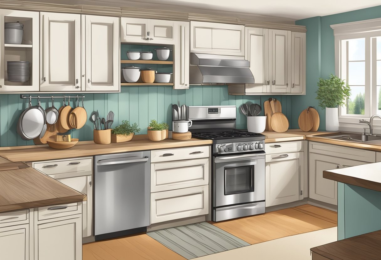 A well-organized kitchen with labeled containers, neatly stacked cookware, and a clutter-free countertop