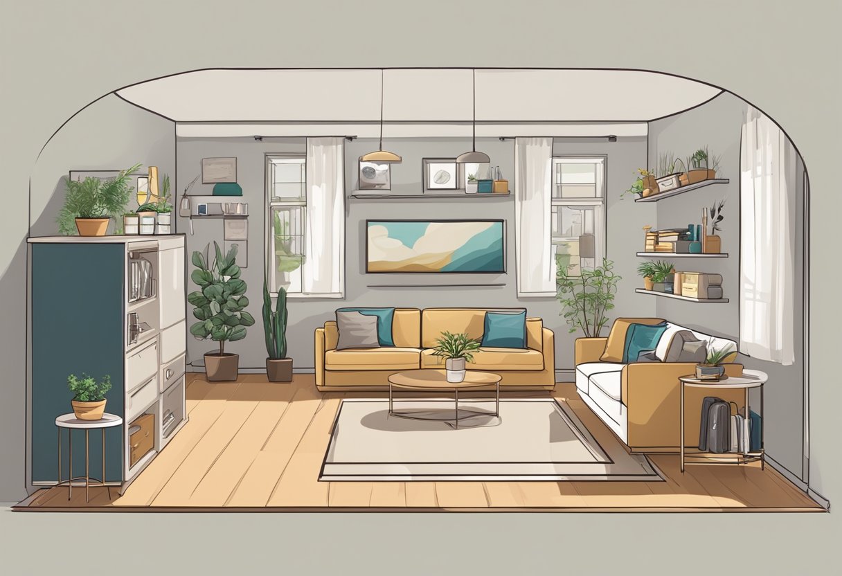 A tidy living room with neatly arranged furniture, organized shelves, and a clutter-free space. A well-organized kitchen with labeled containers and neatly arranged utensils. A neatly made bed in a tidy bedroom with organized closets and drawers